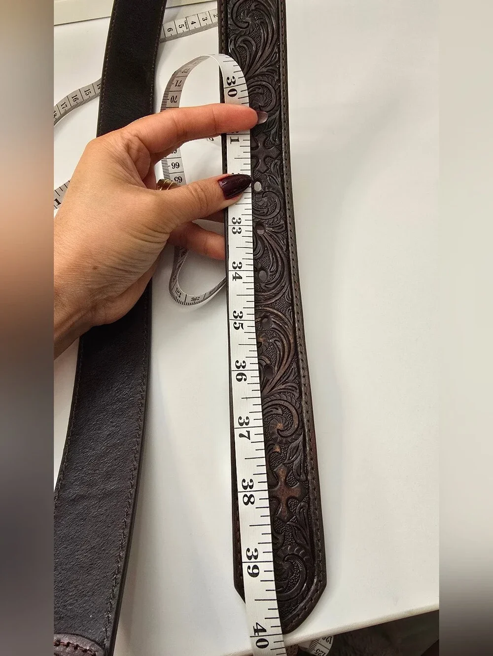 Nocona Tooled Dark Brown Leather Belt with Cross Motif
